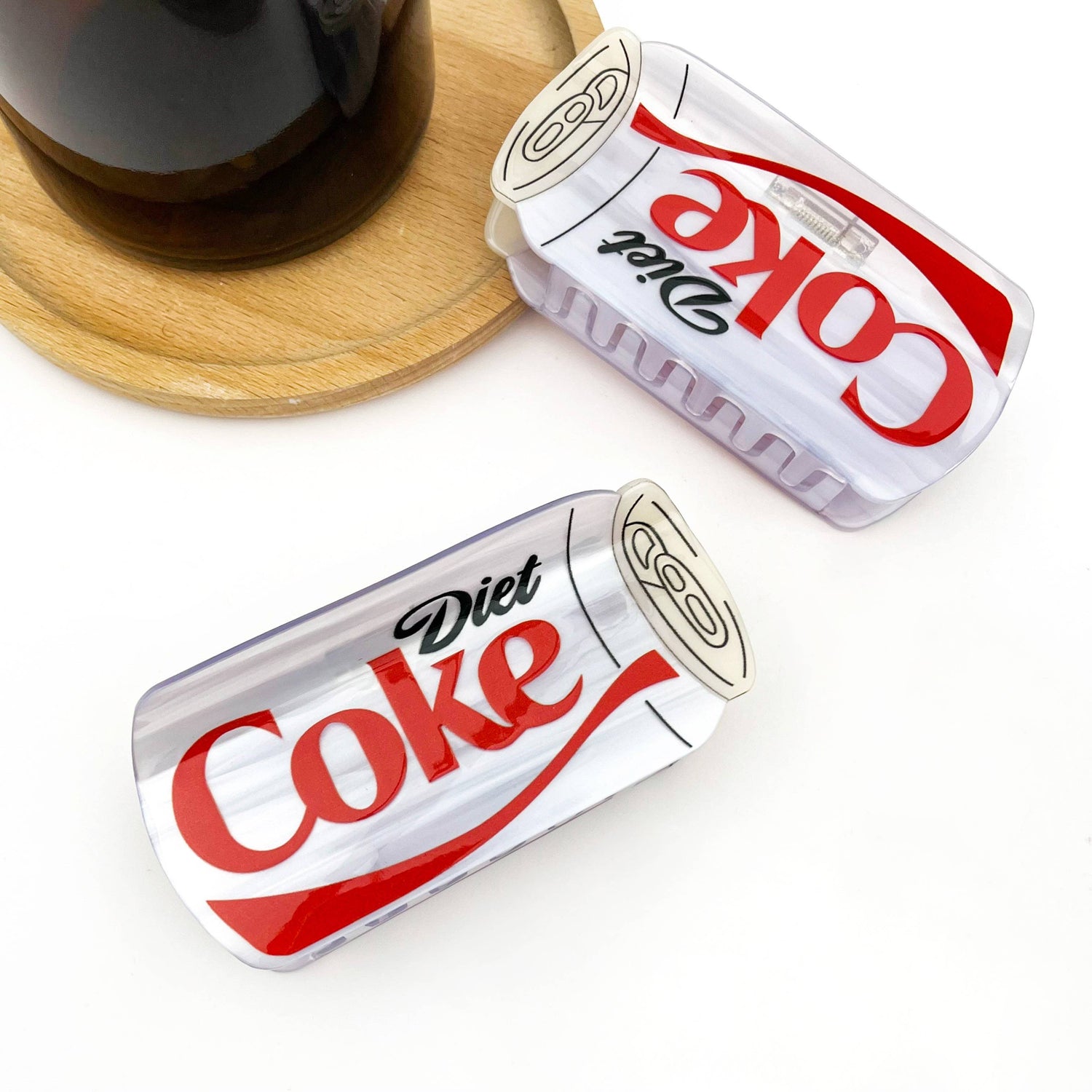 Diet Cola Hair Claw Clip styled like a soda can, perfect for quirky hairstyles and fun fashion accessories.