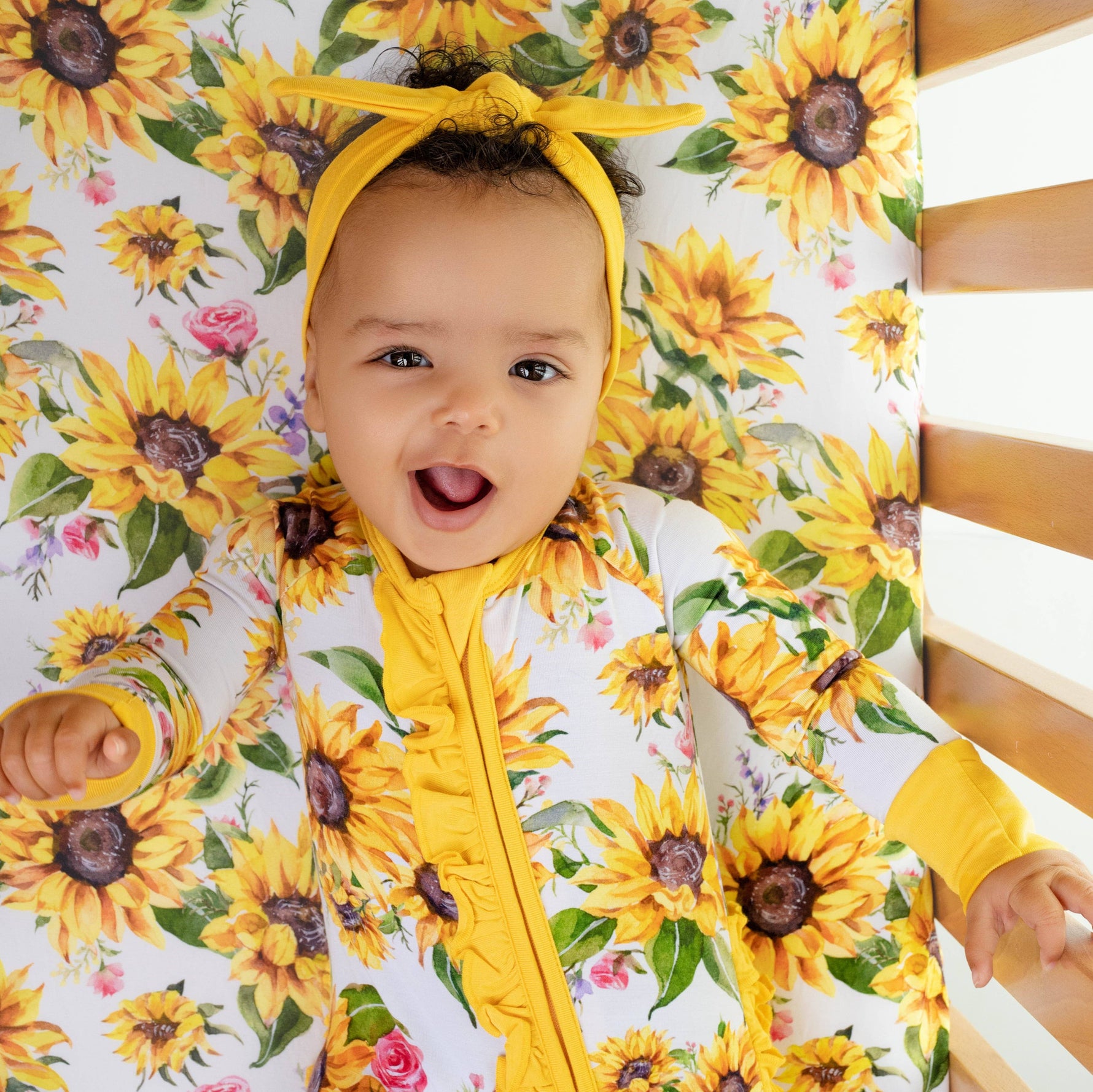 Sunflowers Ruffle Baby Bamboo Zipper Romper Pajamas - Savedra James