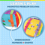 Plush sensory cube toy with embroidered numbers, shapes, and straps to enhance learning and problem-solving skills.