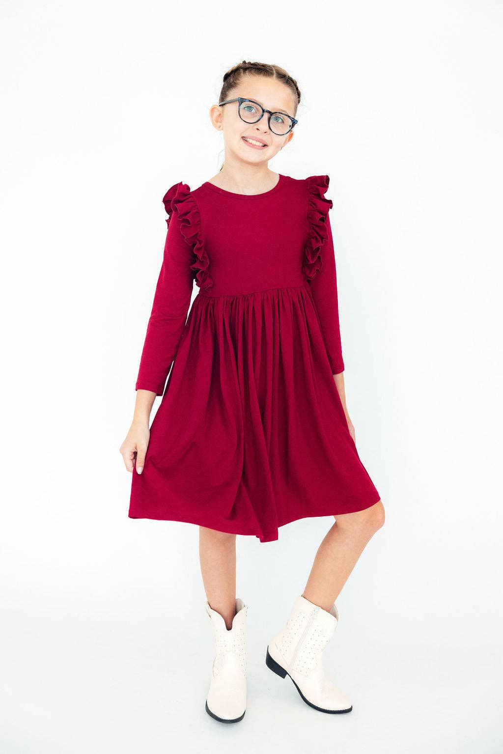 Burgundy L/S Ruffle Twirl Dress