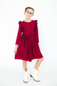 Burgundy L/S Ruffle Twirl Dress