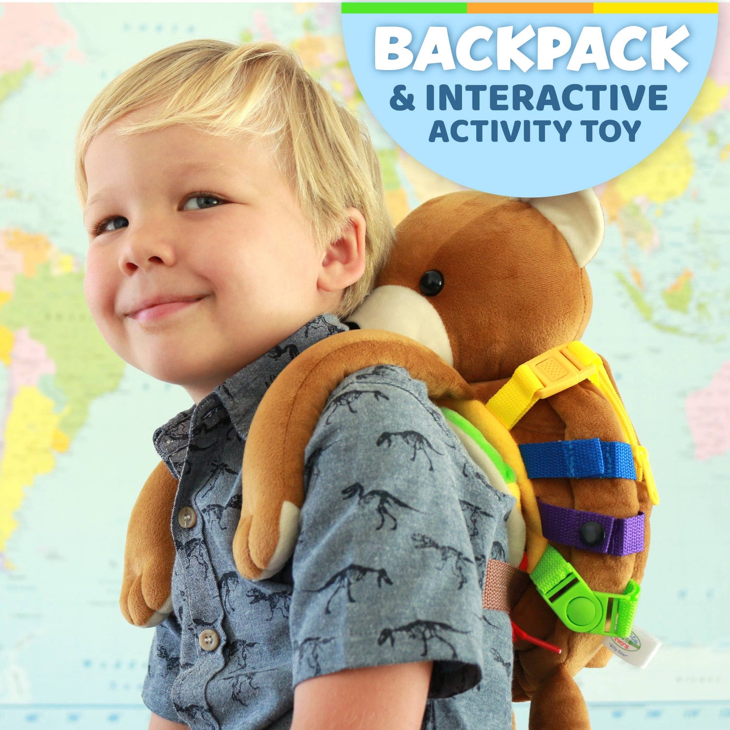 Child wearing a baby sensory backpack with plush bear design, promoting interactive learning and exploration.