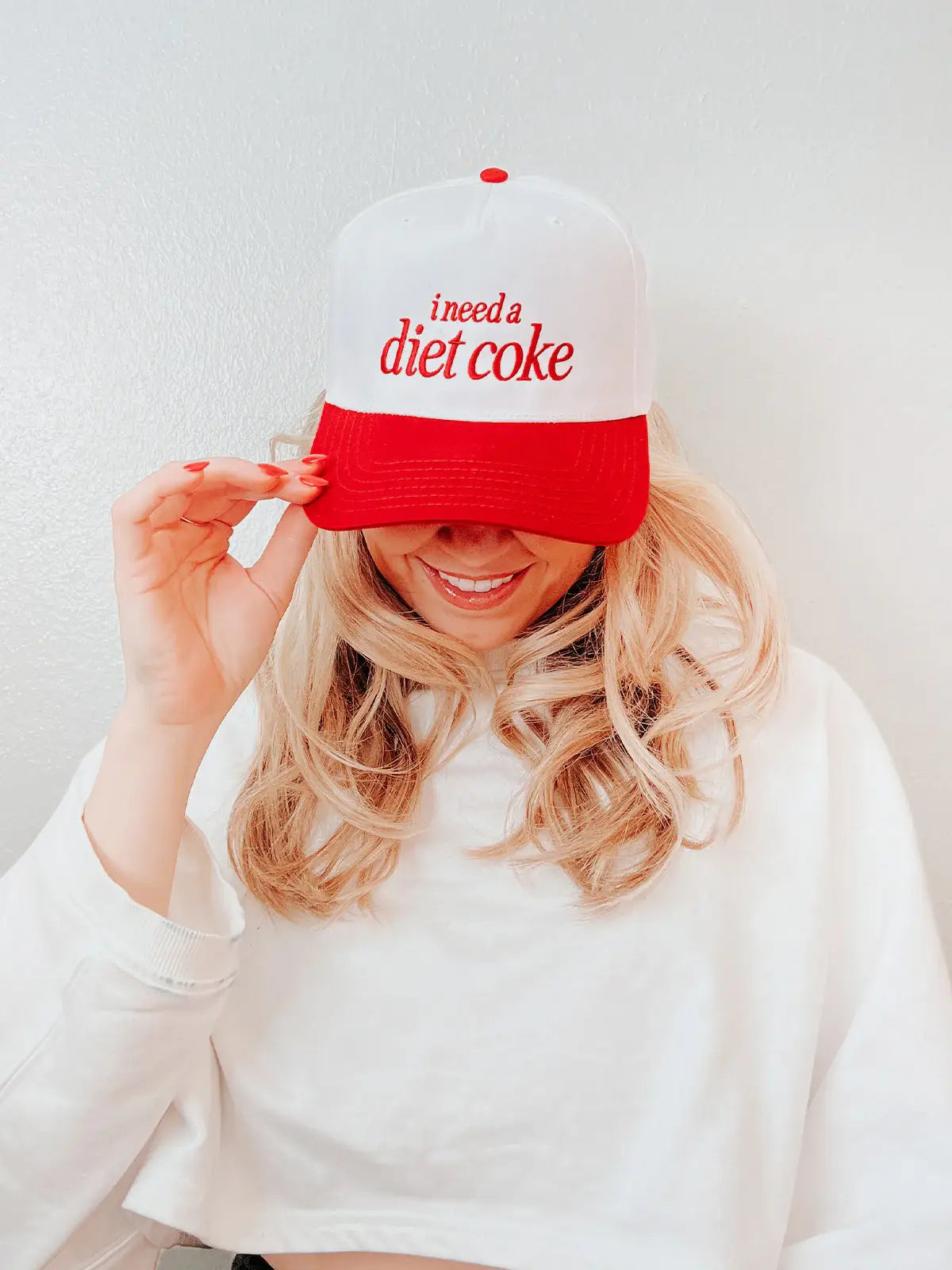 I Need a Diet Coke Embroidered Trucker Hat - Red and White - Savedra James