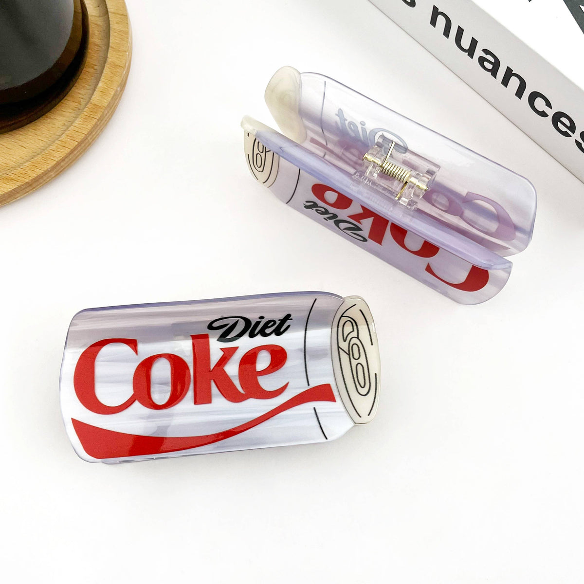 Diet Cola Hair Claw Clip designed like a soda can, perfect for adding a fun touch to any hairstyle.