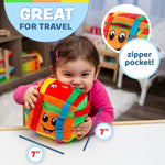 Plush sensory cube toy with embroidered numbers, shapes, and straps to enhance learning and problem-solving skills.