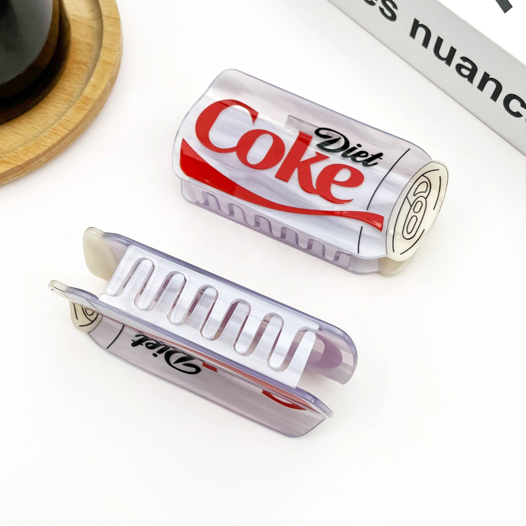 Diet cola hair claw clip styled like a soda can, perfect for adding quirky charm to hairstyles.