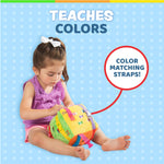 Plush sensory cube toy with embroidered numbers, shapes, and straps to enhance learning and problem-solving skills.