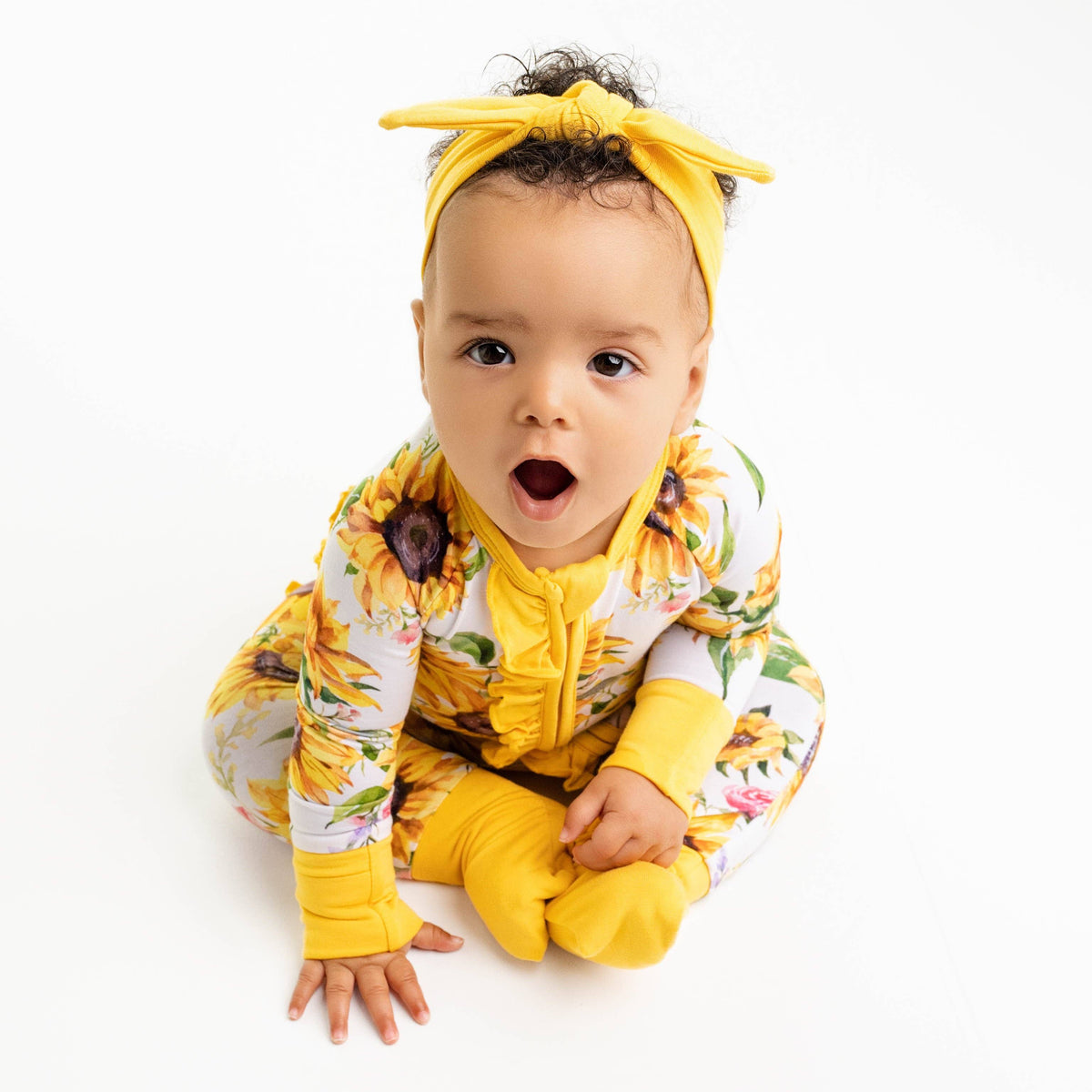 Sunflowers Ruffle Baby Bamboo Zipper Romper Pajamas