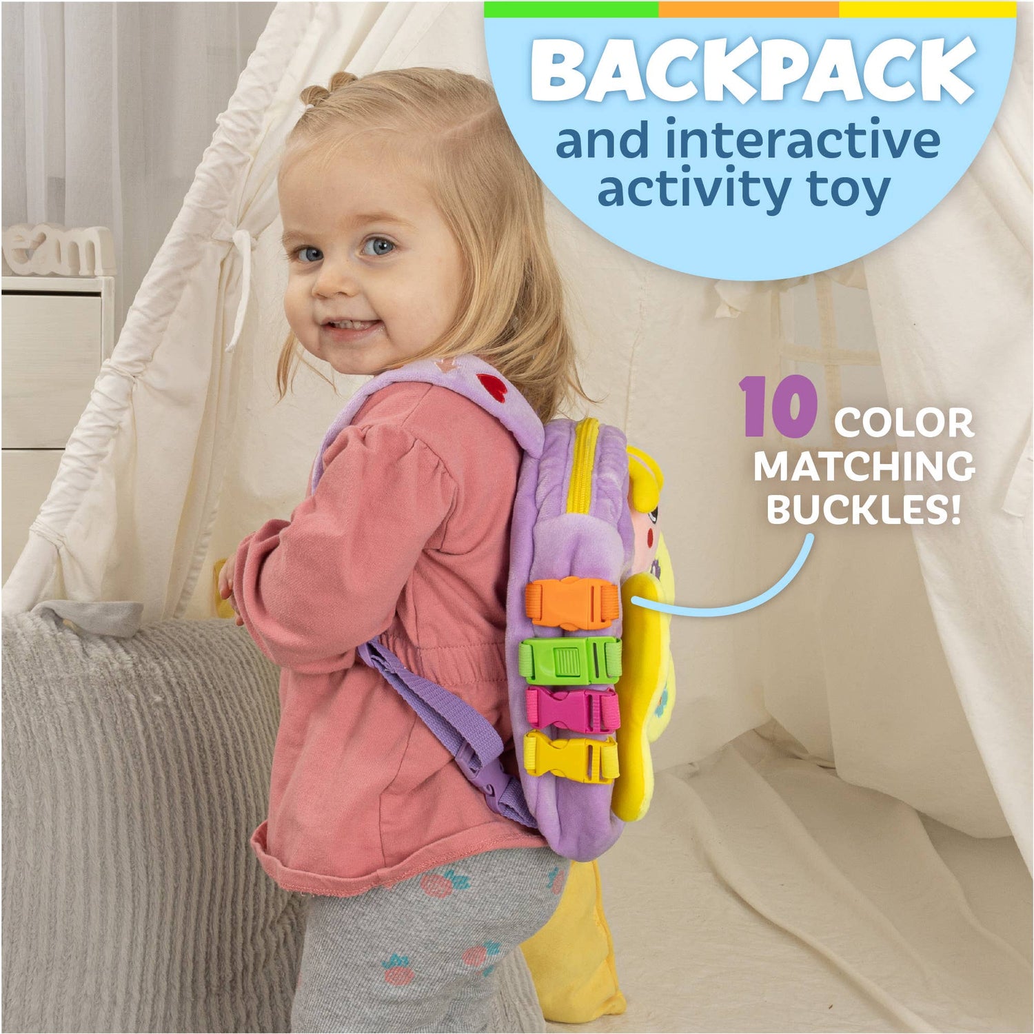Child wearing the baby sensory backpack