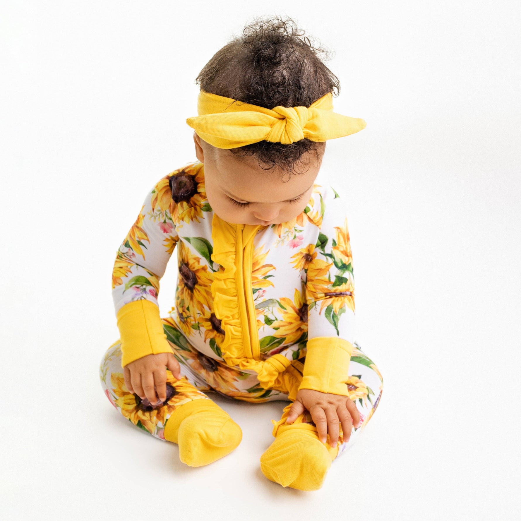 Sunflowers Ruffle Baby Bamboo Zipper Romper Pajamas - Savedra James