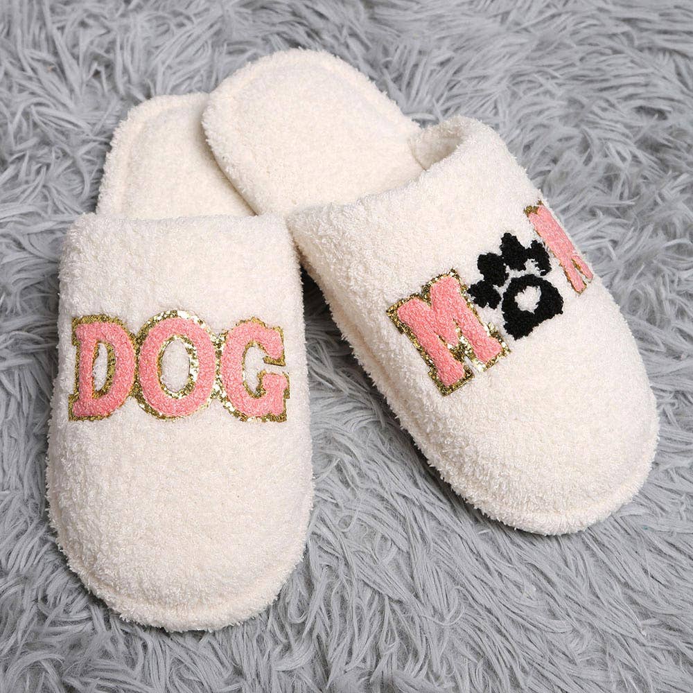 Dog Mom Indoor Slippers with plush material, featuring 'DOG' and 'MOM' designs, perfect for dog lovers.