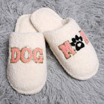 Dog Mom Indoor Slippers with plush material, featuring 'DOG' and 'MOM' designs, perfect for dog lovers.