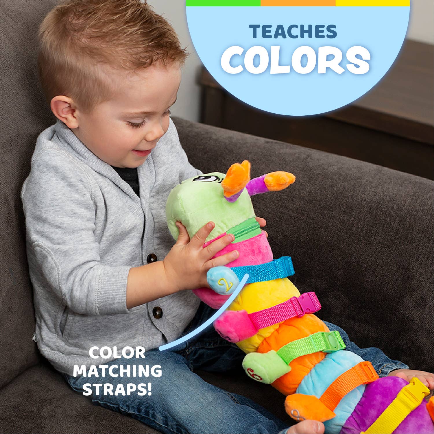 Child playing with the Bentley baby sensory caterpillar toy