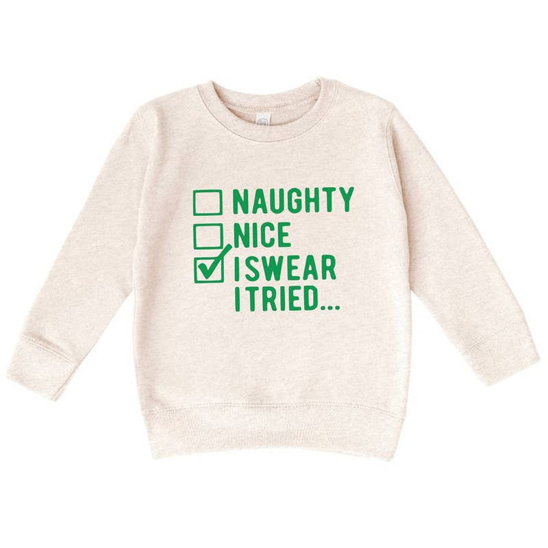 Kids Christmas Sweatshirt, Naughty Nice I Swear I Tried