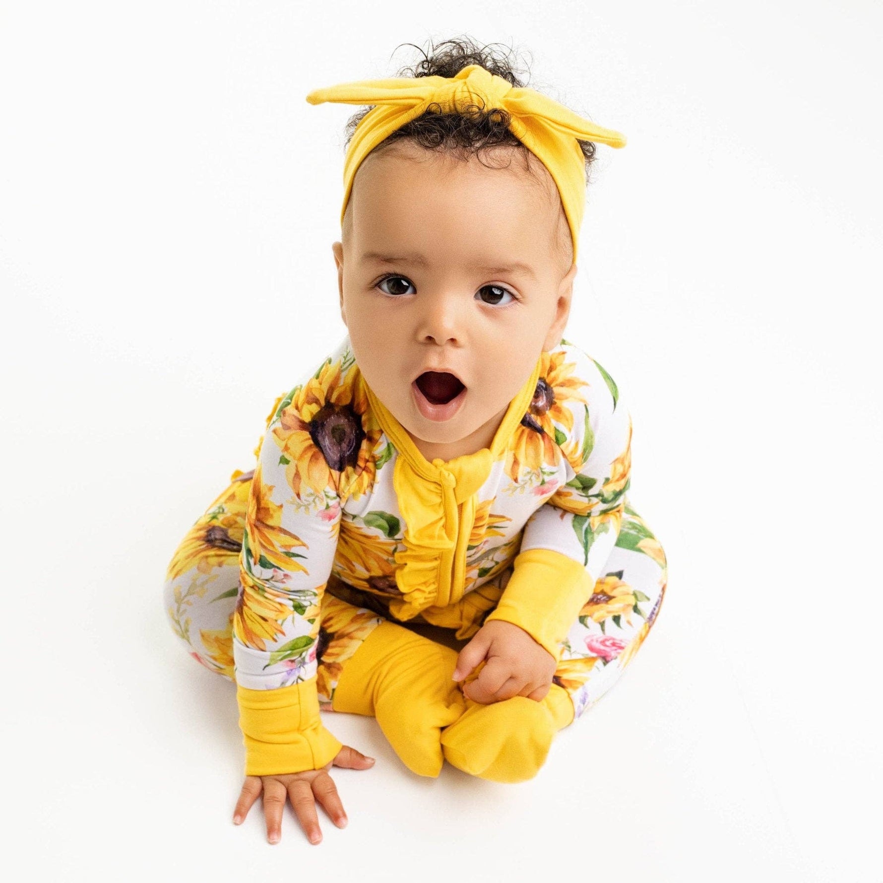 Sunflowers Ruffle Baby Bamboo Zipper Romper Pajamas - Savedra James