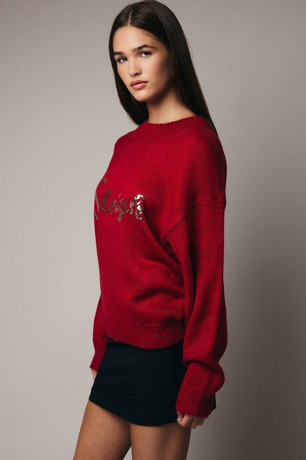 ROUND NECK LONG SLEEVE SEQUIN LETTERING SWEATER