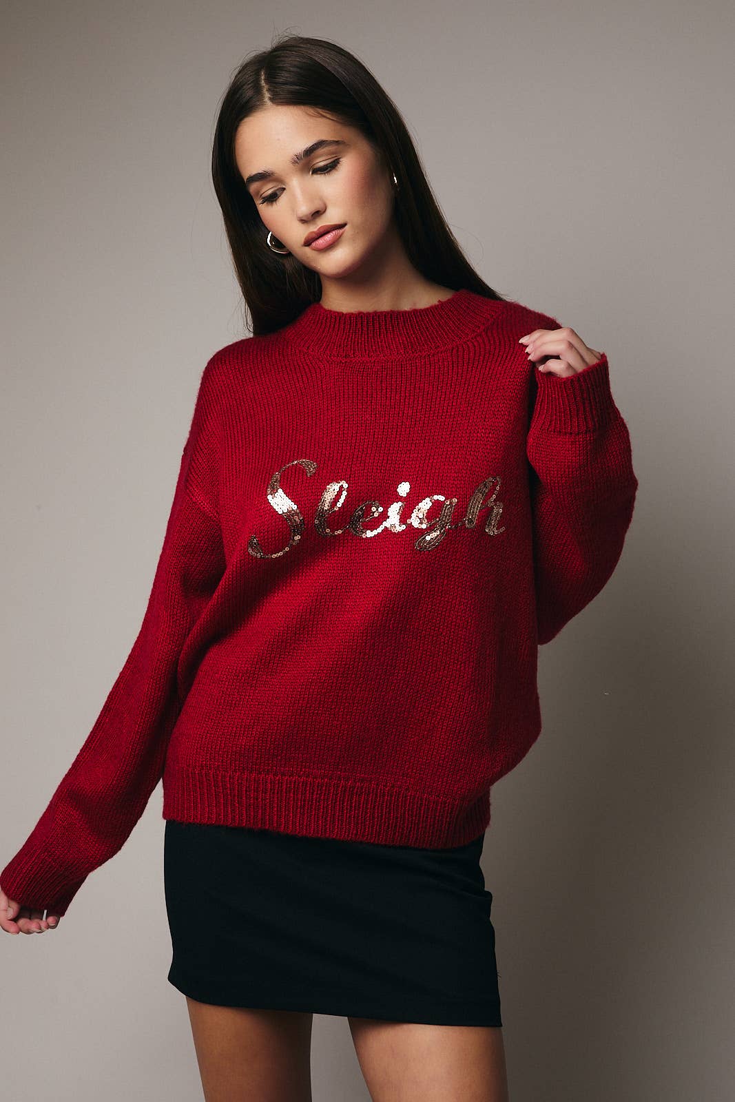 ROUND NECK LONG SLEEVE SEQUIN LETTERING SWEATER