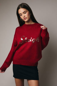 ROUND NECK LONG SLEEVE SEQUIN LETTERING SWEATER