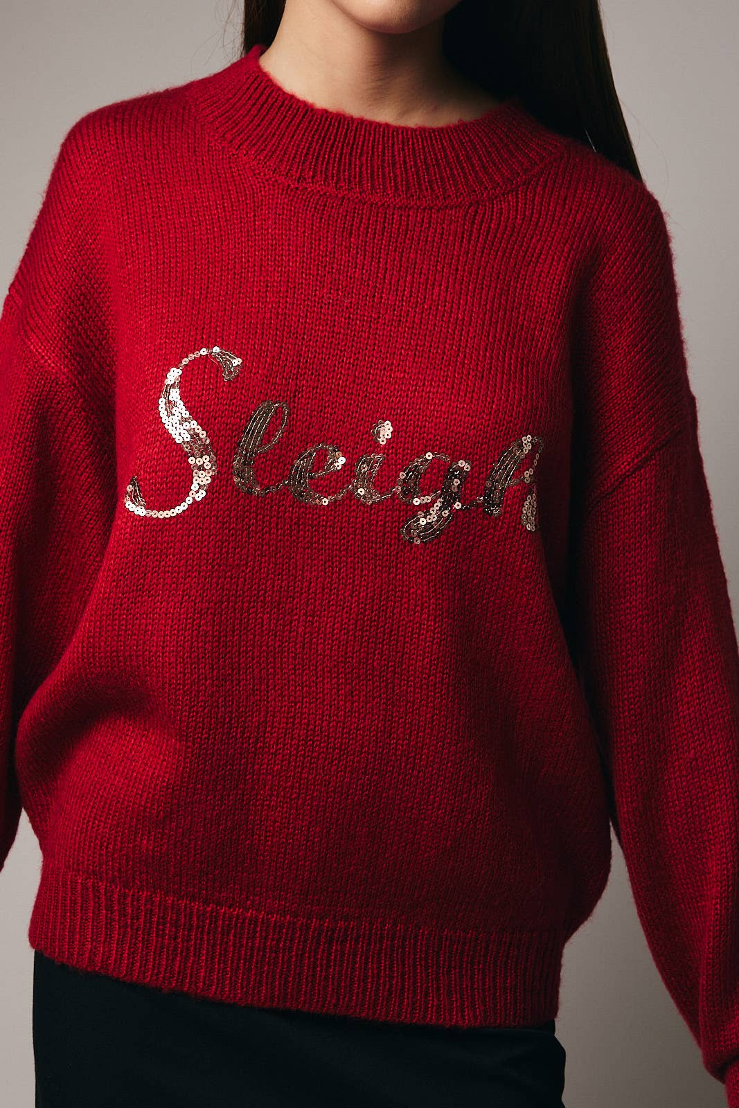 ROUND NECK LONG SLEEVE SEQUIN LETTERING SWEATER