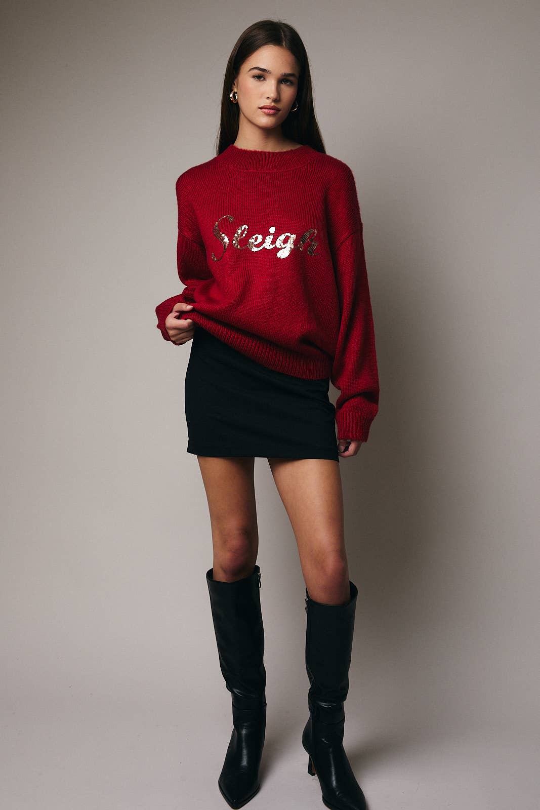 ROUND NECK LONG SLEEVE SEQUIN LETTERING SWEATER
