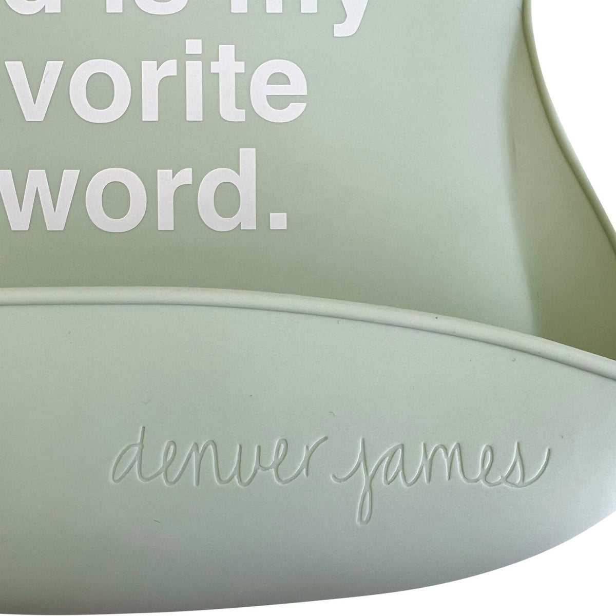 Silicone Baby Bib with fun text design saying 'Food is my favorite word' by Denver James.