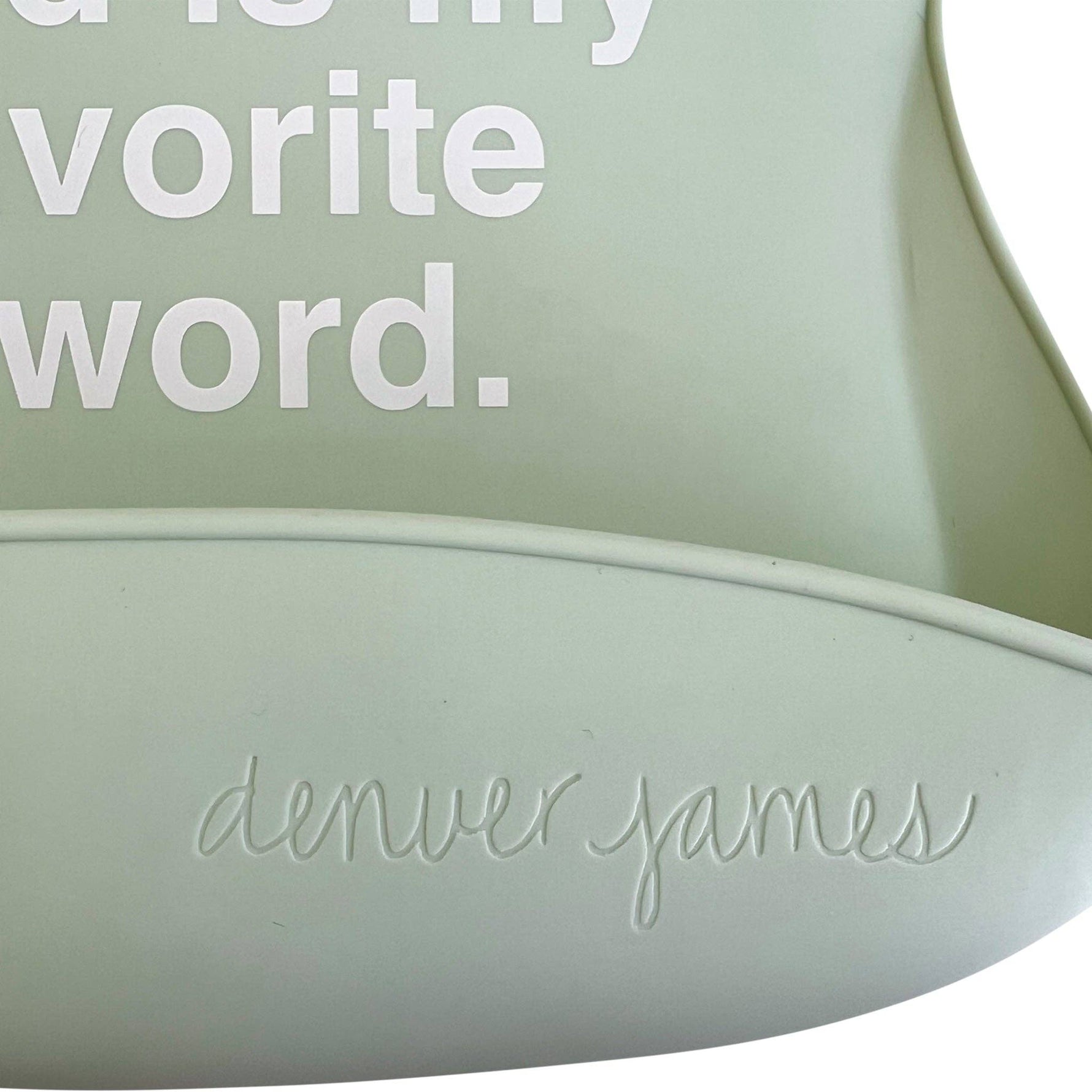 Silicone Baby Bib with fun text design saying 'Food is my favorite word' by Denver James.