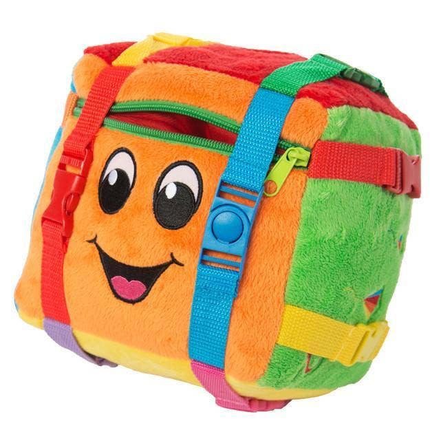 Plush Sensory Cube Toy with colorful textures, buttons, and straps for early learning and sensory exploration.
