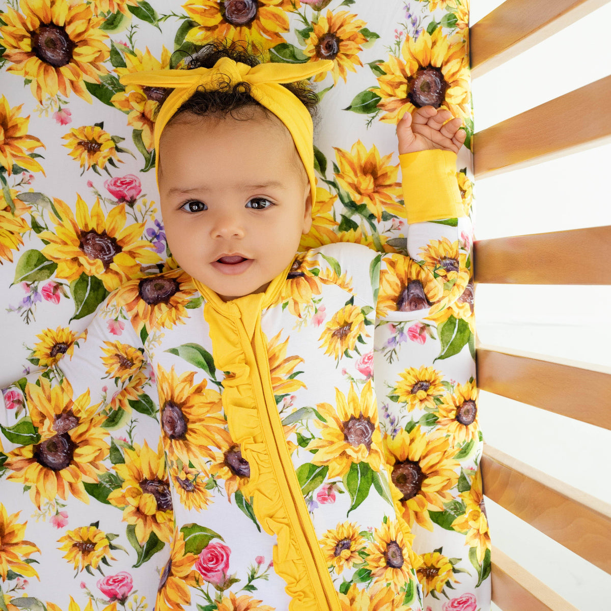 Sunflowers Ruffle Baby Bamboo Zipper Romper Pajamas